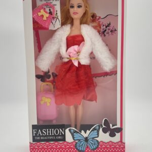 Lalka Fashion Beauty w Czerwonej Sukience i Białym Futrze
