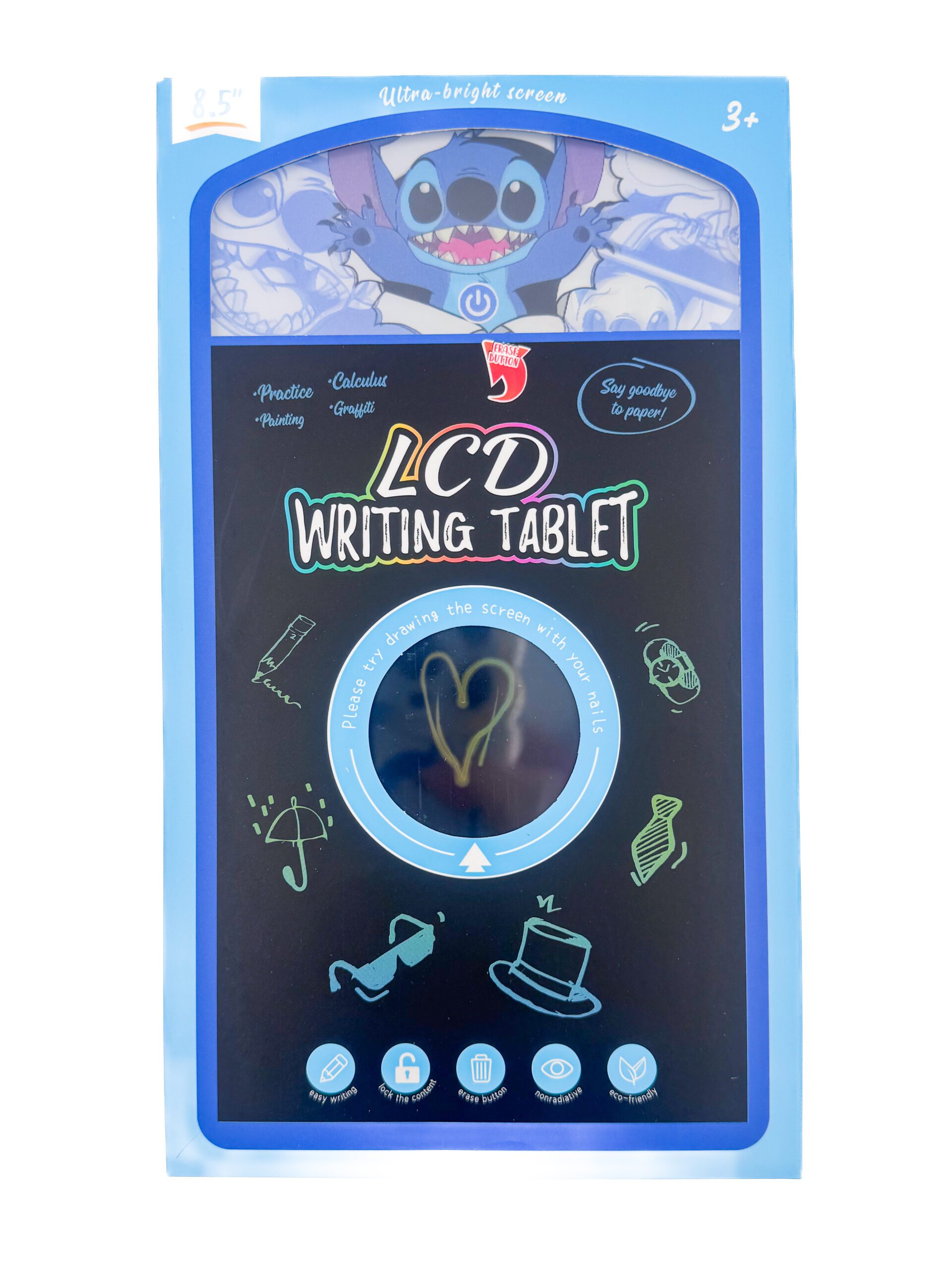 Niebieski tablet graficzny LCD 8.5 cala dla dzieci z grafiką Stitcha, pokazujący funkcję rysowania i przyciski funkcyjne.