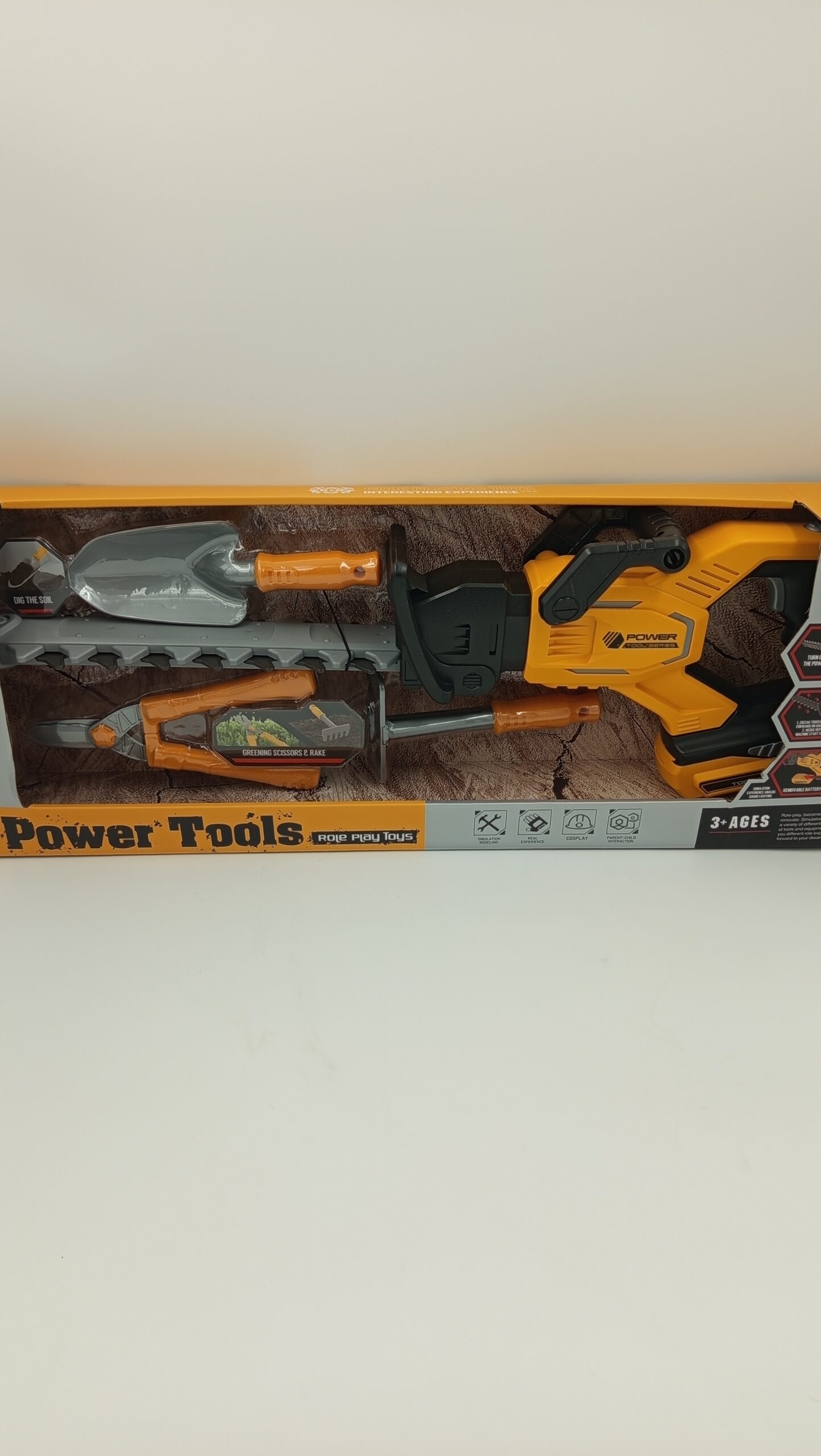 Zabawka nożyce ogrodowe dla dzieci w zestawie Power Tools z akcesoriami na białym tle