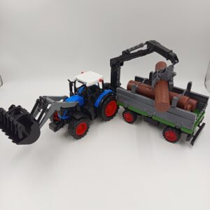 Niebieski Traktor z Łyżką Przyczepą Leśną i Żurawiem do Kłód – Raj23