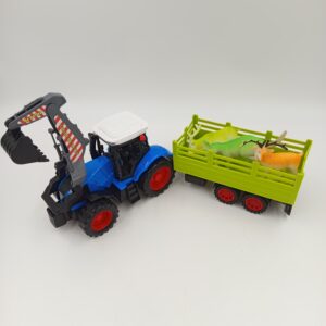 Niebieski Traktor z Łyżką i Przyczepą do Transportu Zwierząt – Raj22