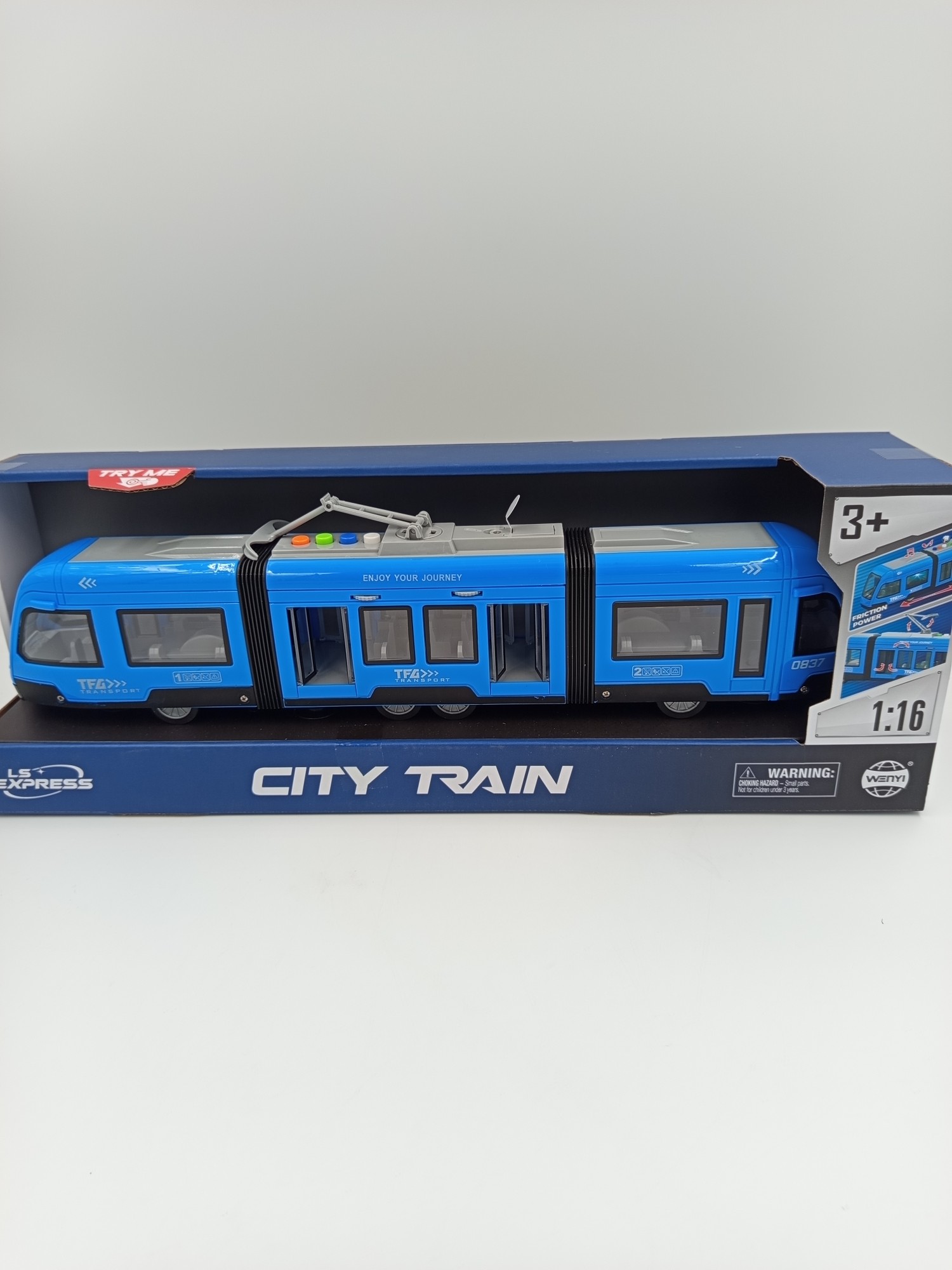 tramwaj dla dzieci niebieski City Train 1:16 z otwieranymi drzwiami i pantografem