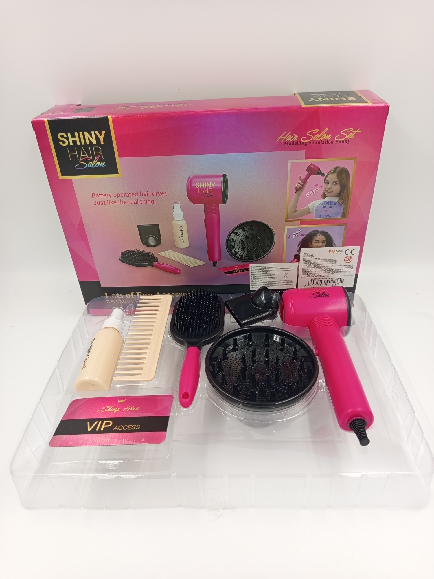 zestaw fryzjerski dla dzieci różowy z suszarką na baterie Shiny Hair