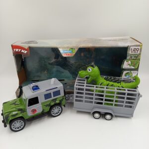 Jeep z Dinozaurem T-Rex w Klatce – Światła, Dźwięk, Spray – Zabawka 3+ – Raj94