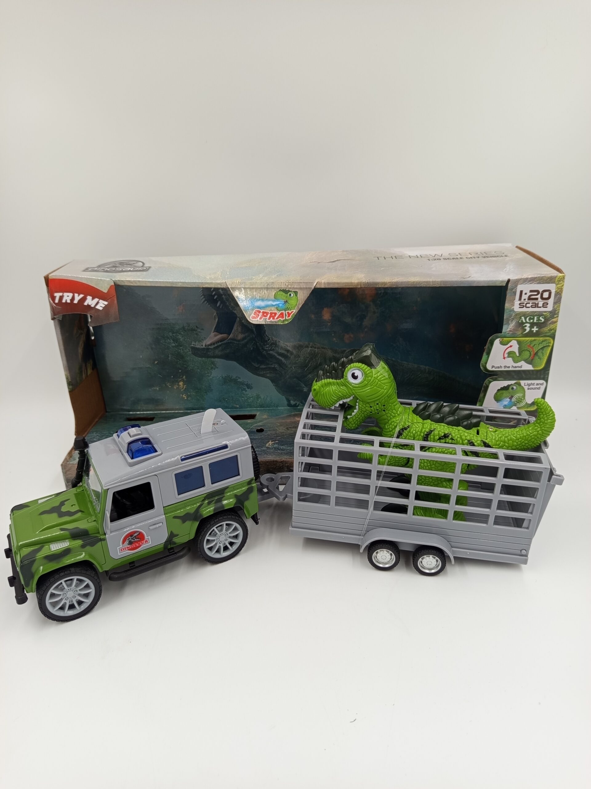 Jeep z Dinozaurem T-Rex w Klatce – światła dźwięk spray zabawka dla dzieci
